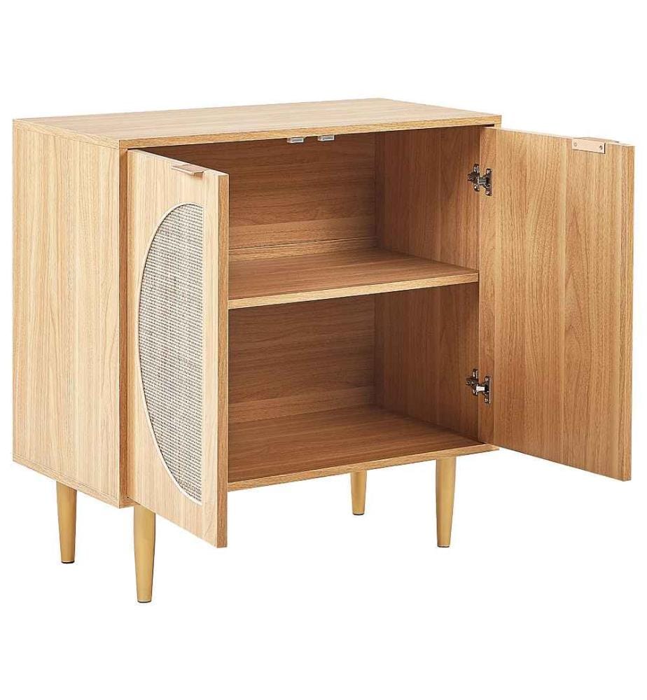 Commode Bois Clair en Rotin et MDF 80x 80 x 40 cm 2 Portes Demi-Lune Grillagées Style Boho Buffet Rangement pour Salon