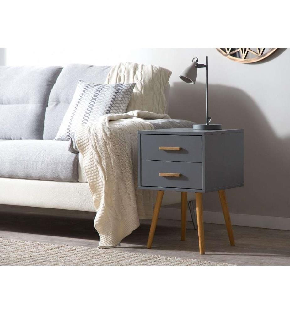 Nachttisch Grau 2 Schubladen aus MDF-Platte mit natürlichen Bambusholzgriffen Elegant Modern