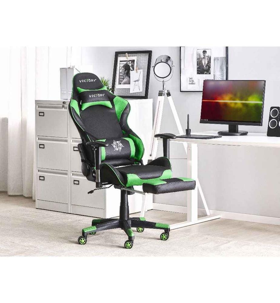 Chaise de Bureau Fauteuil Design Gamer Revêtement en Cuir PU Noir et vert Réglable en Hauteur avec Dossier Inclinable Moderne Tendance