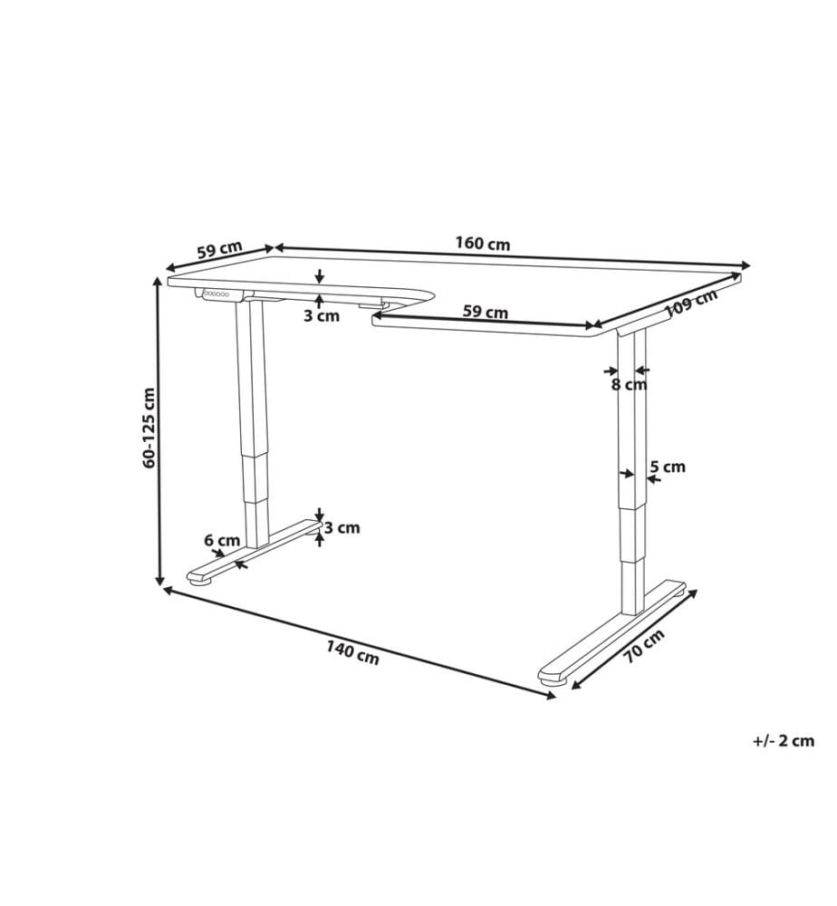 Bureau d'Angle à Droite Noir et Blanc en Acier 160 x 59 cm Forme en L Réglable Electriquement Style Moderne