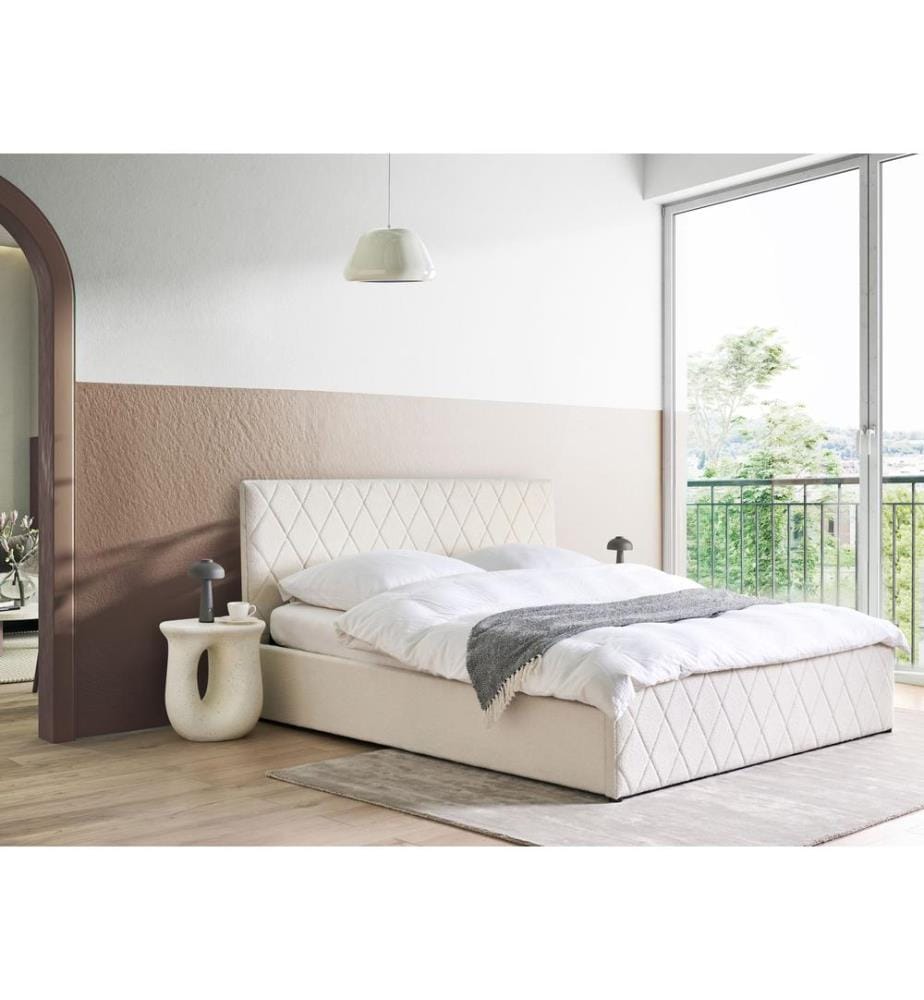 Lit ottoman Bouclé ROCHEFORT 180 x 200 cm Blanc cassé