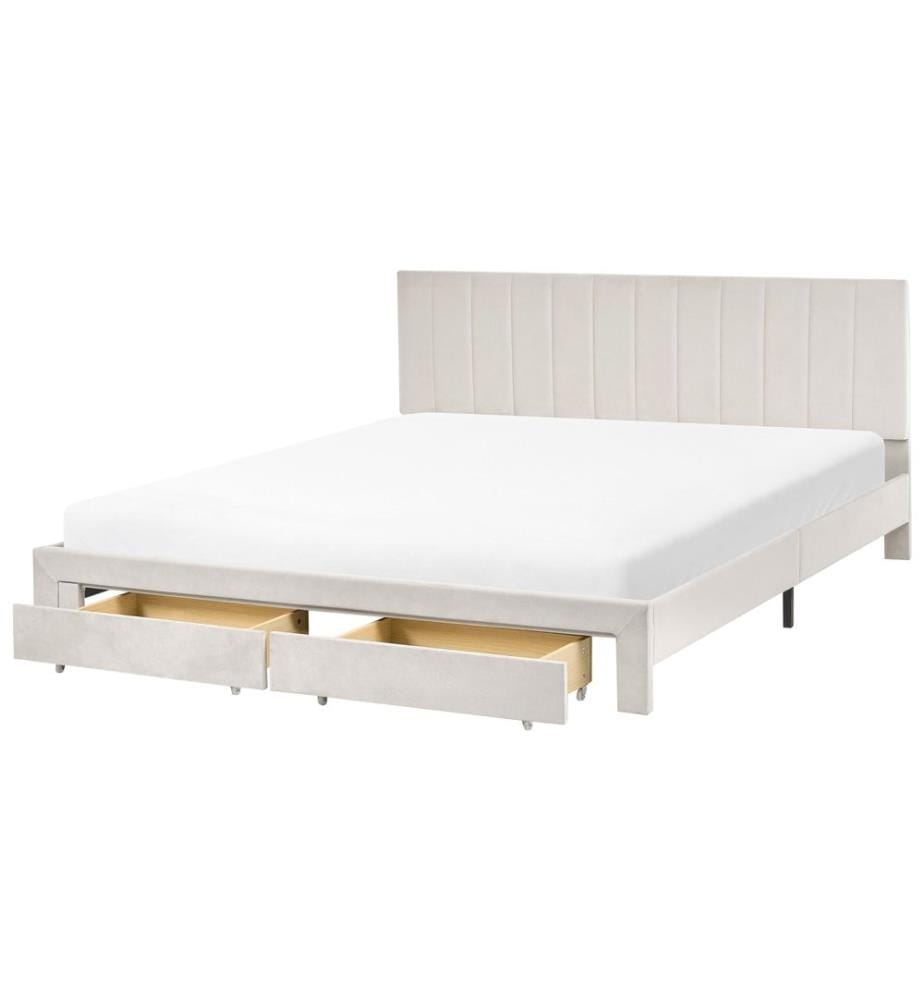 Lit avec tiroirs de rangement Velours LONZAC 180 x 200 cm Blanc cassé
