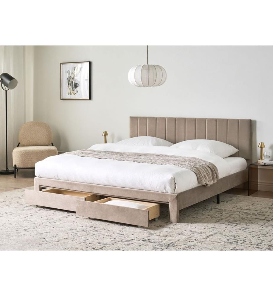 Lit avec tiroirs de rangement Velours LONZAC 180 x 200 cm Taupe