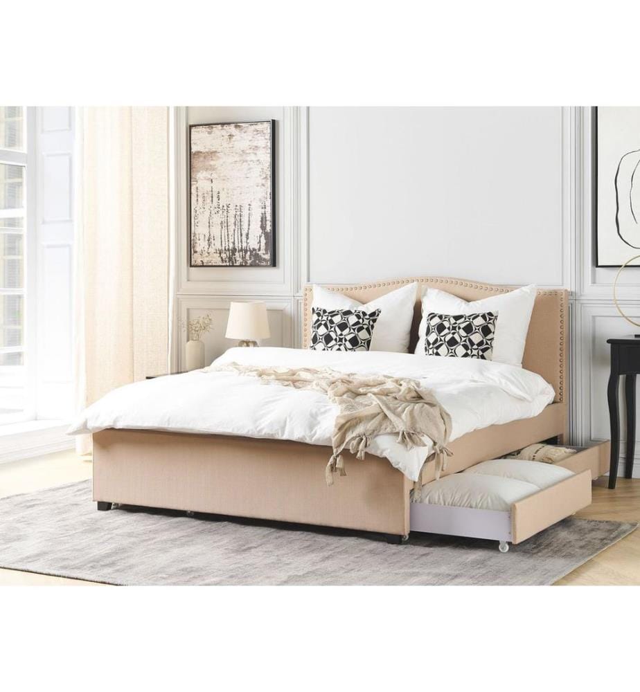 Lit avec tiroirs de rangement Tissu MONTPELLIER 160 x 200 cm Beige