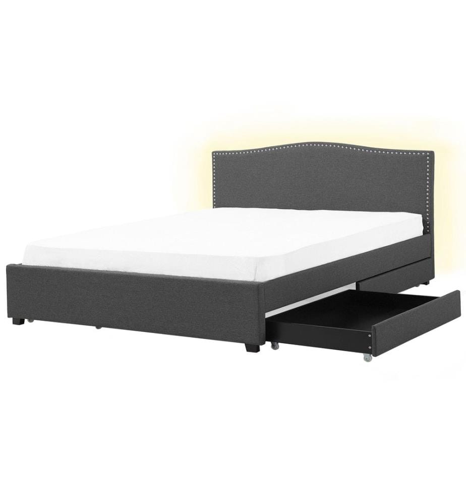 Lit avec tiroirs de rangement Tissu MONTPELLIER 180 x 200 cm LED Gris foncé