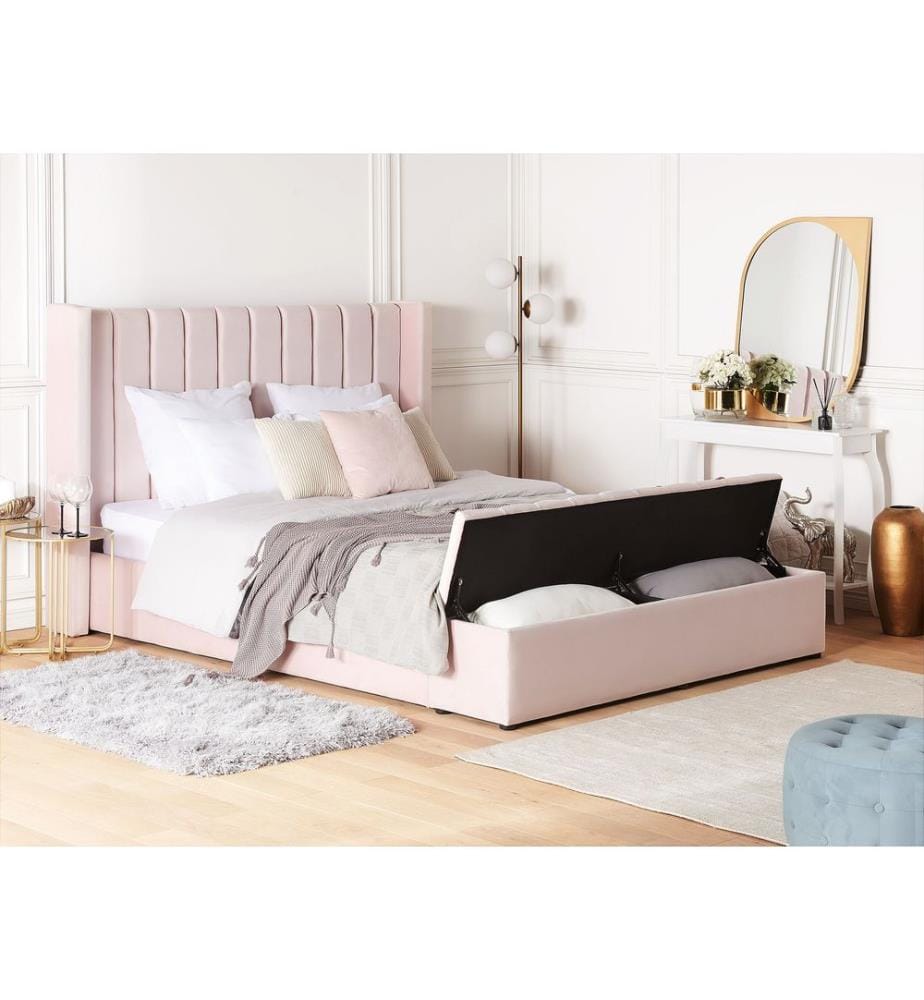 Lit avec banc de rangement Velours NOYERS 180 x 200 cm Rose pastel
