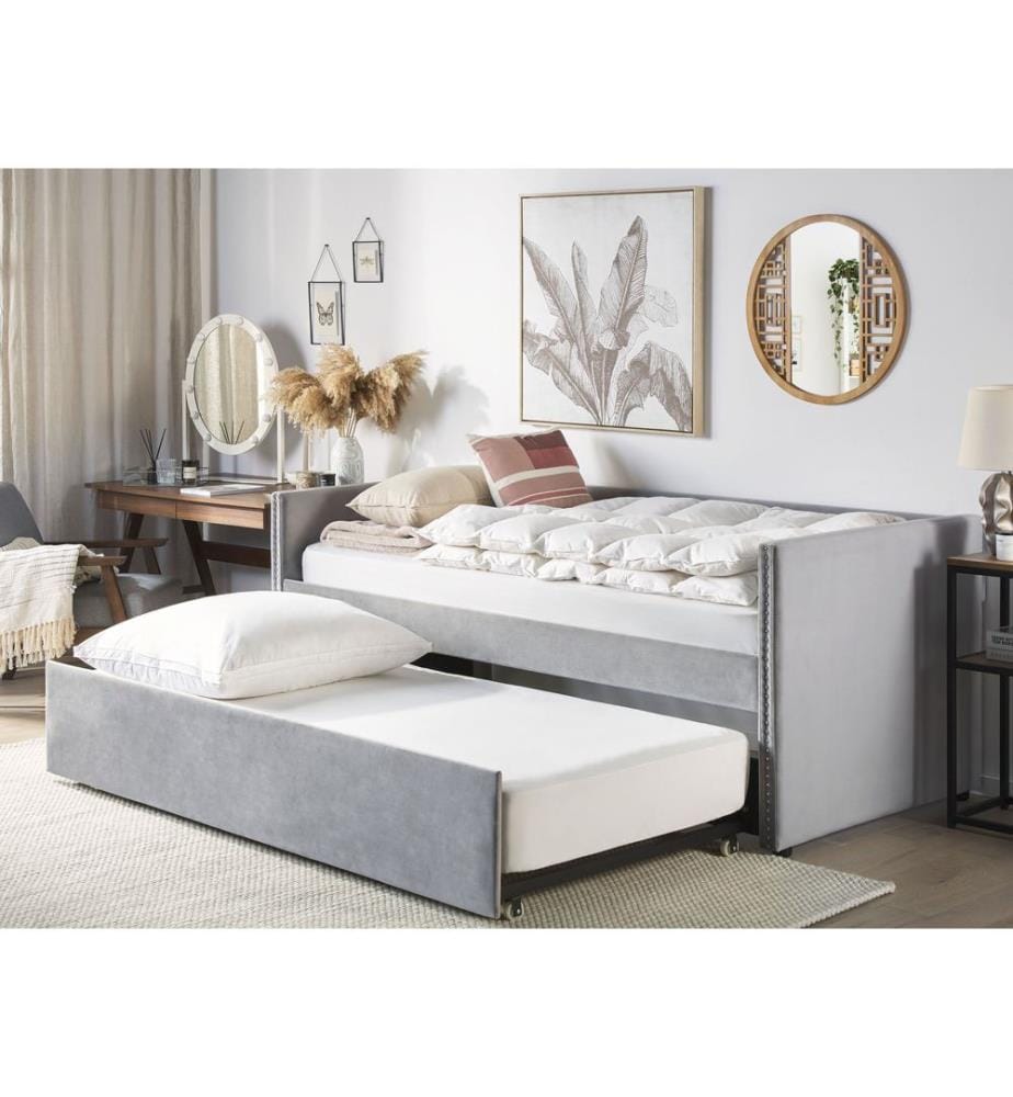 Lit gigogne Velours TROYES 90 x 200 cm Gris clair