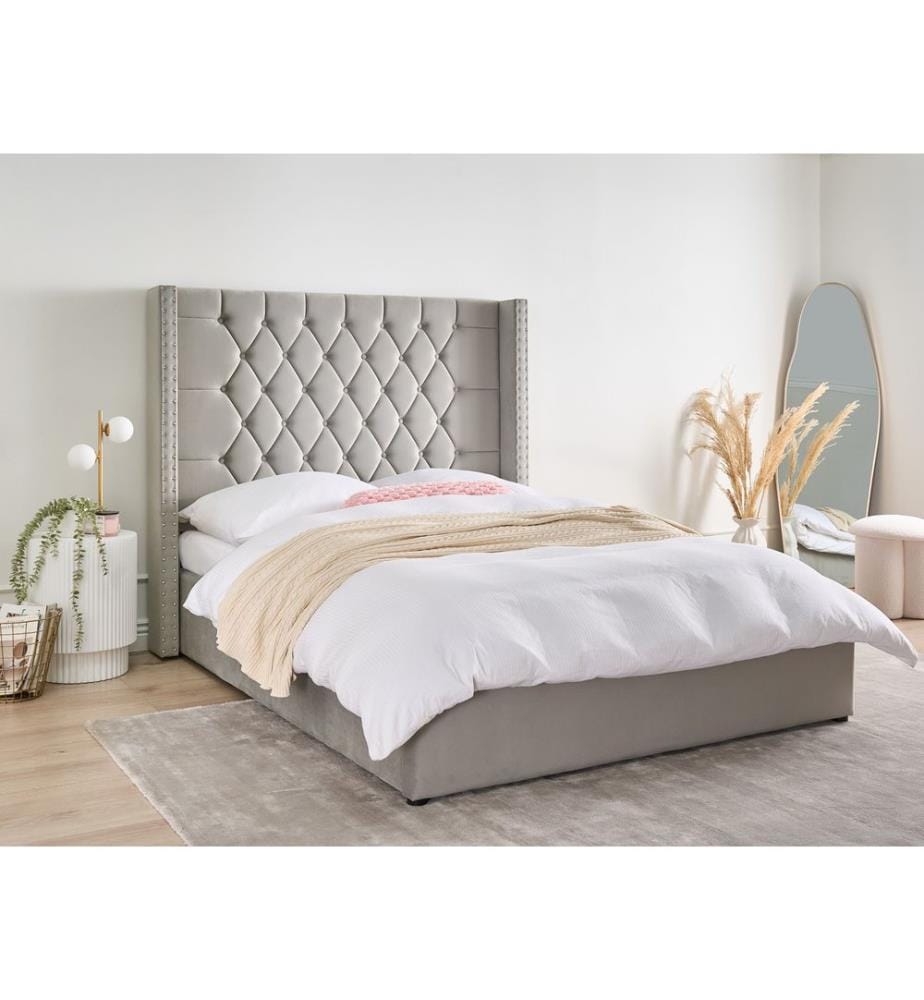 Lit ottoman Velours LUBBON 140 x 200 cm Gris clair