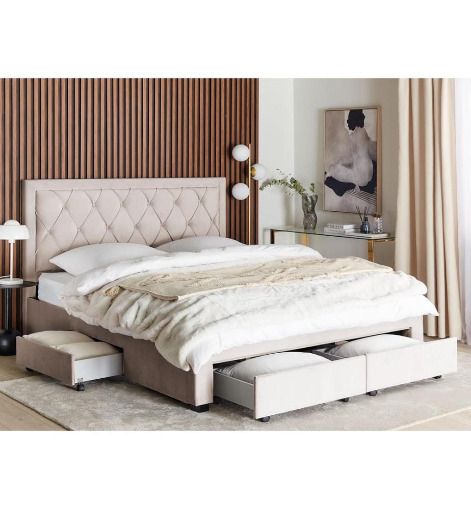 Bett mit Schubladen Samtstoff LIEVIN 180 x 200 cm Beige