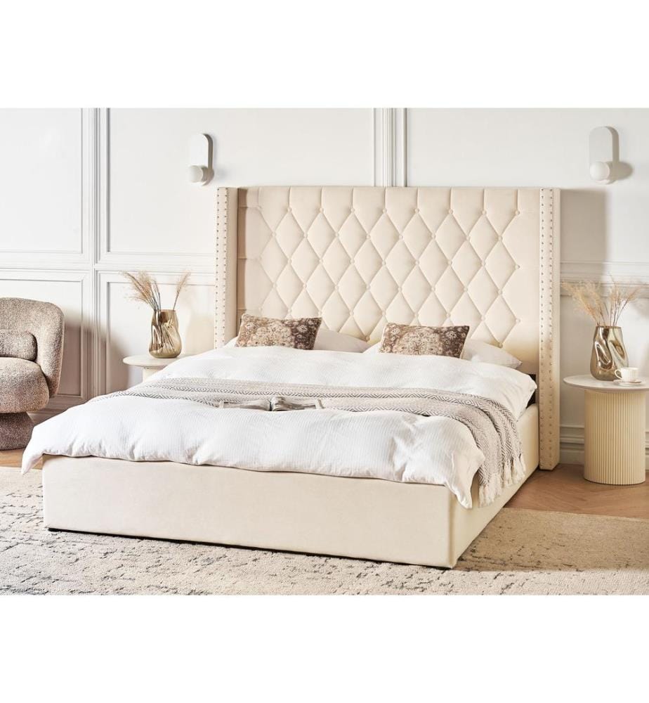 Lit ottoman Velours LUBBON 160 x 200 cm Blanc cassé