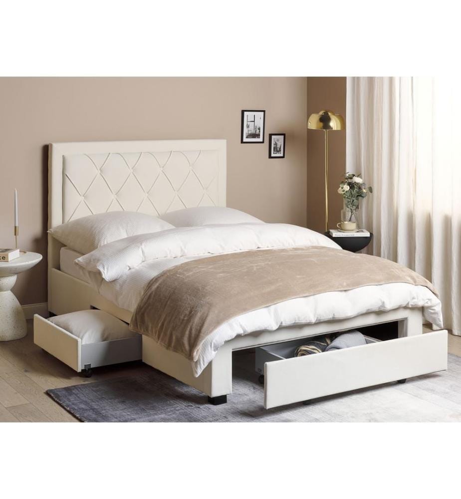 Lit avec tiroirs de rangement Velours LIEVIN 140 x 200 cm Beige clair