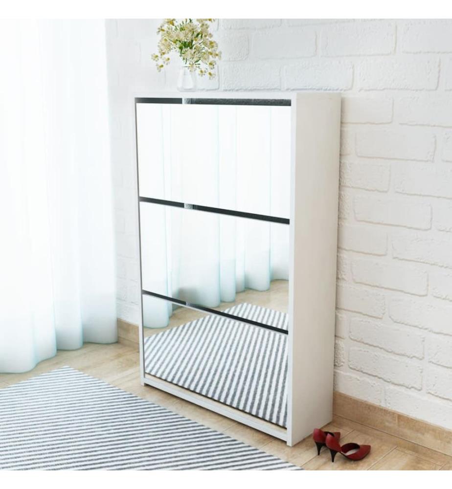 Schuhschrank mit 3 Fächern Spiegel Weiss 63x17x102,5 cm