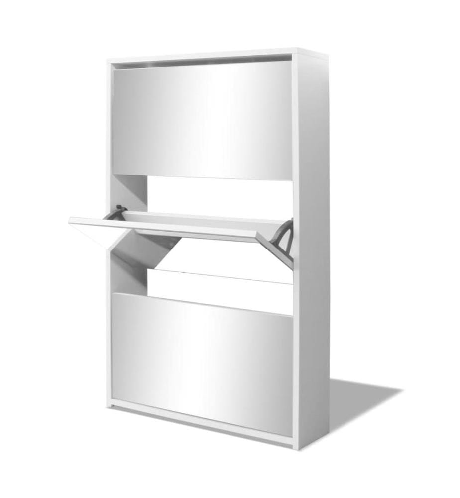 Schuhschrank mit 3 Fächern Spiegel Weiss 63x17x102,5 cm