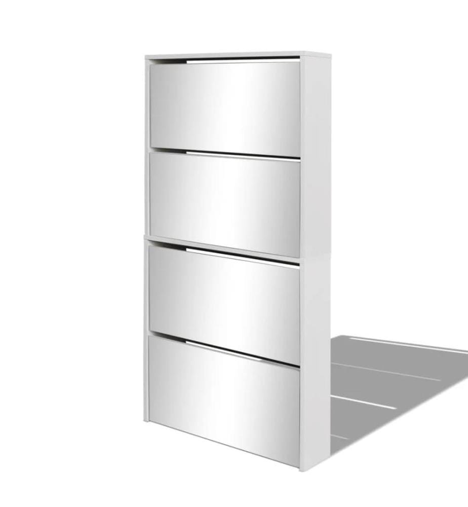 Schuhschrank mit 4 Fächern Spiegel Weiss 63×17×134 cm