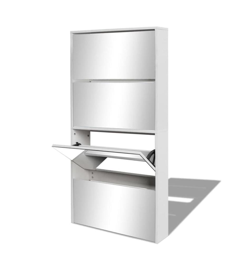 Schuhschrank mit 4 Fächern Spiegel Weiss 63×17×134 cm