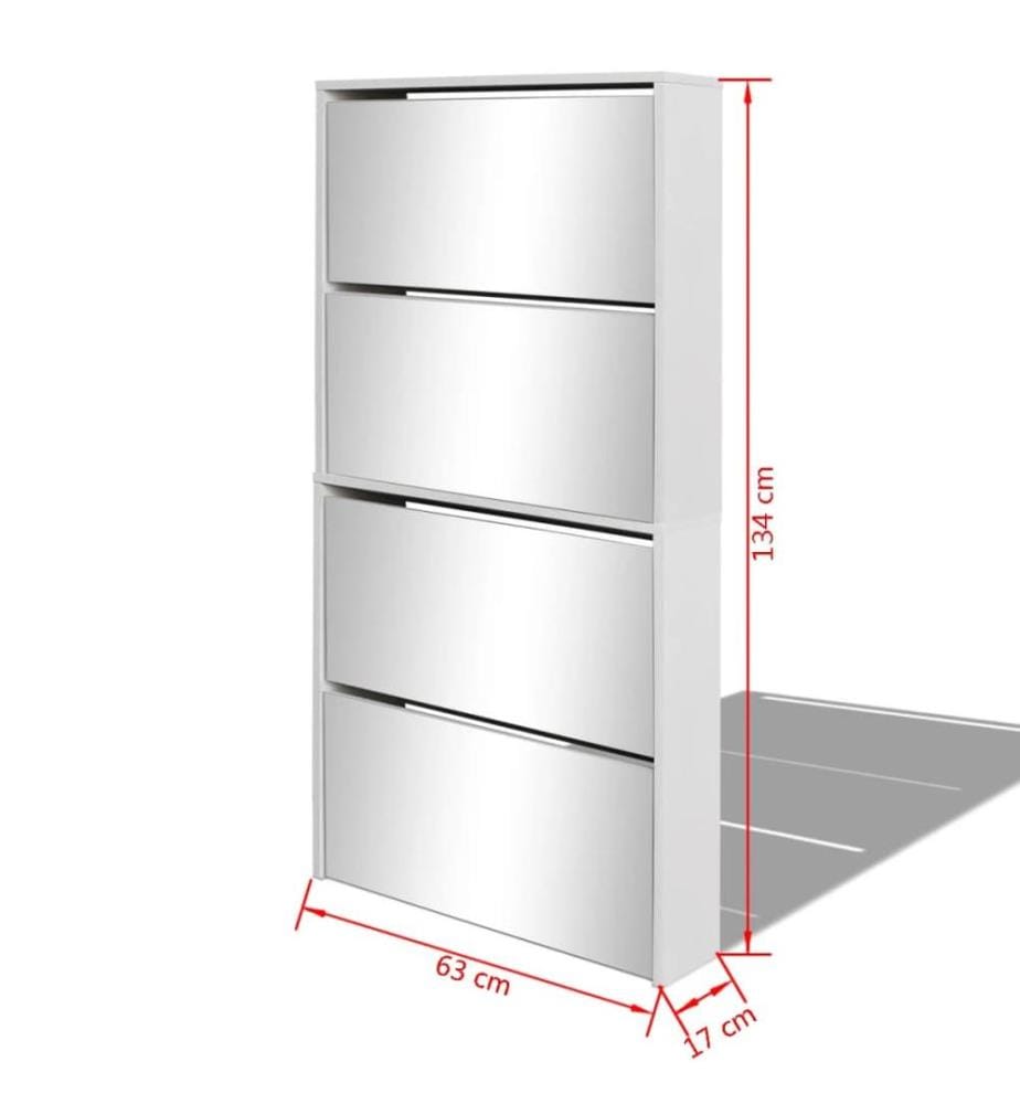 Schuhschrank mit 4 Fächern Spiegel Weiss 63×17×134 cm