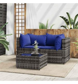 Salon de jardin 3 pcs avec coussins Gris Résine tressée
