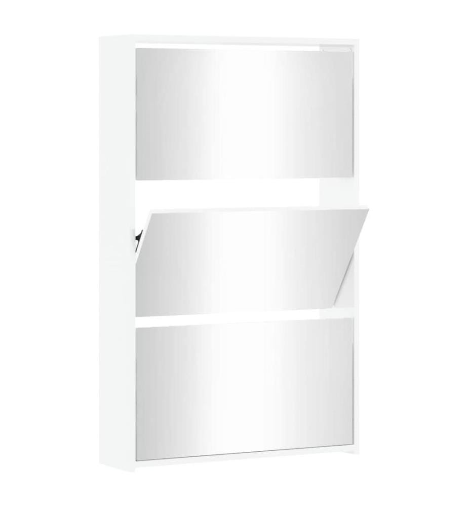 Schuhschrank mit Spiegel 3 Fächer Hochglanz-Weiss 63x17x102,5 cm