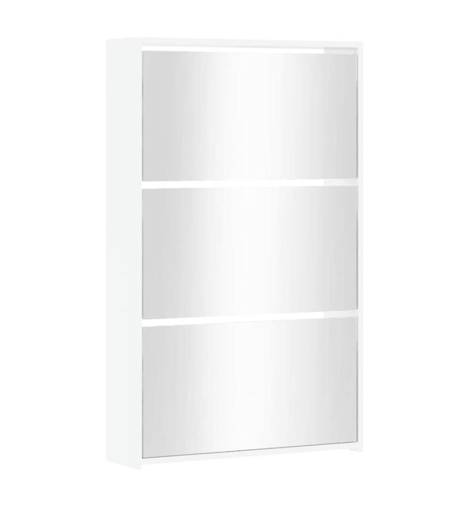 Schuhschrank mit Spiegel 3 Fächer Hochglanz-Weiss 63x17x102,5 cm