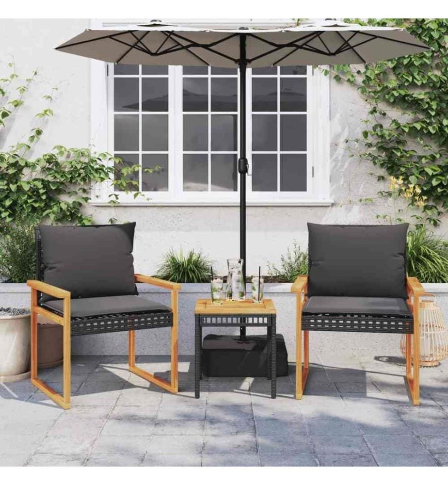 3-tlg. Bistro-Set mit Kissen Schwarz Poly Rattan Akazienholz