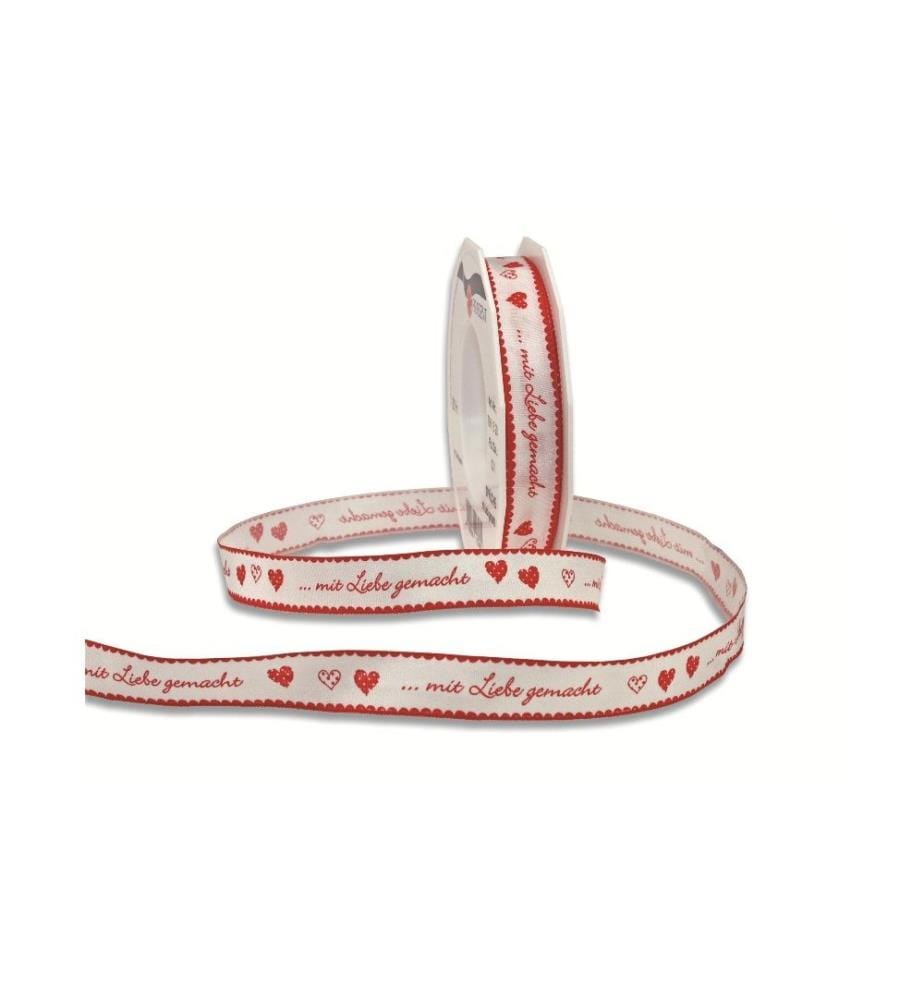 PATTBERG - Ruban cadeau Fabriqué avec amour 1.5 cm x 20 m, rouge/blanc