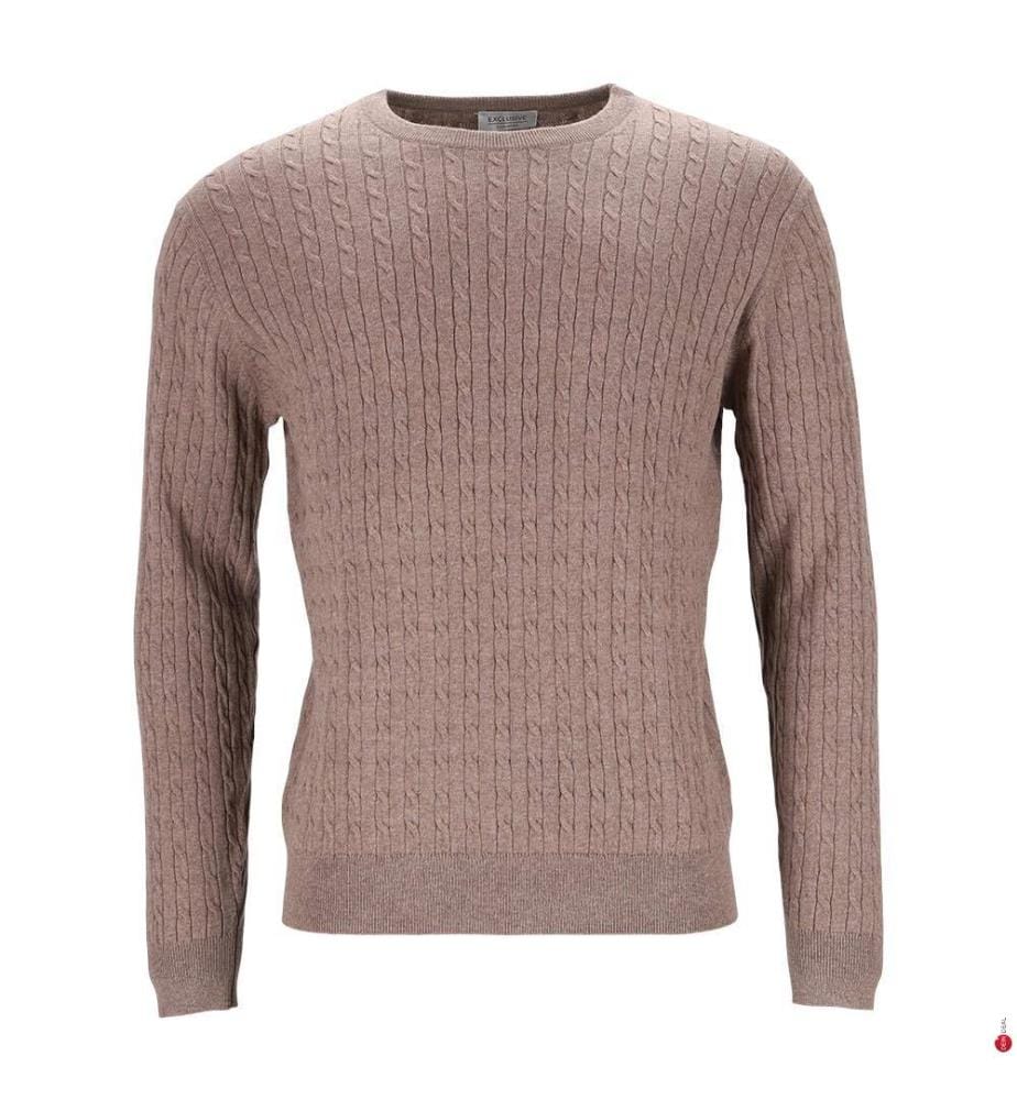 Pull col rond à motif côtelé - 95% coton & 5%cachemire  - Brun