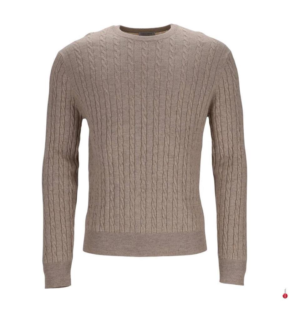Ultrasoft Cashmere-Wool Round Neck Cable Motif Pullover - Beige Melange