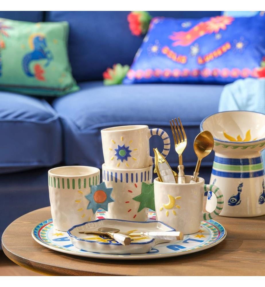 Becher, blau, grün, 100 % Steingut