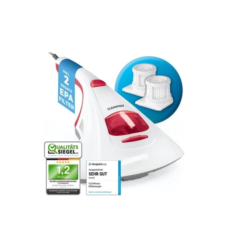 CLEANMAXX - Aspirateur à main anti-acariens avec lumière UV-C 300W, blanc/rouge