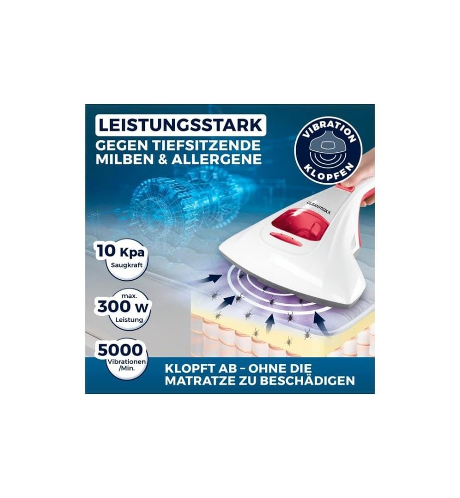 CLEANMAXX - Aspirateur à main anti-acariens avec lumière UV-C 300W, blanc/rouge