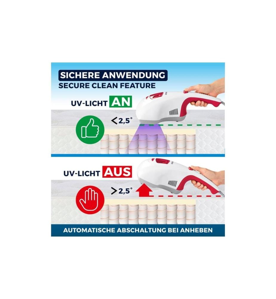 CLEANMAXX - Aspirateur à main anti-acariens avec lumière UV-C 300W, blanc/rouge