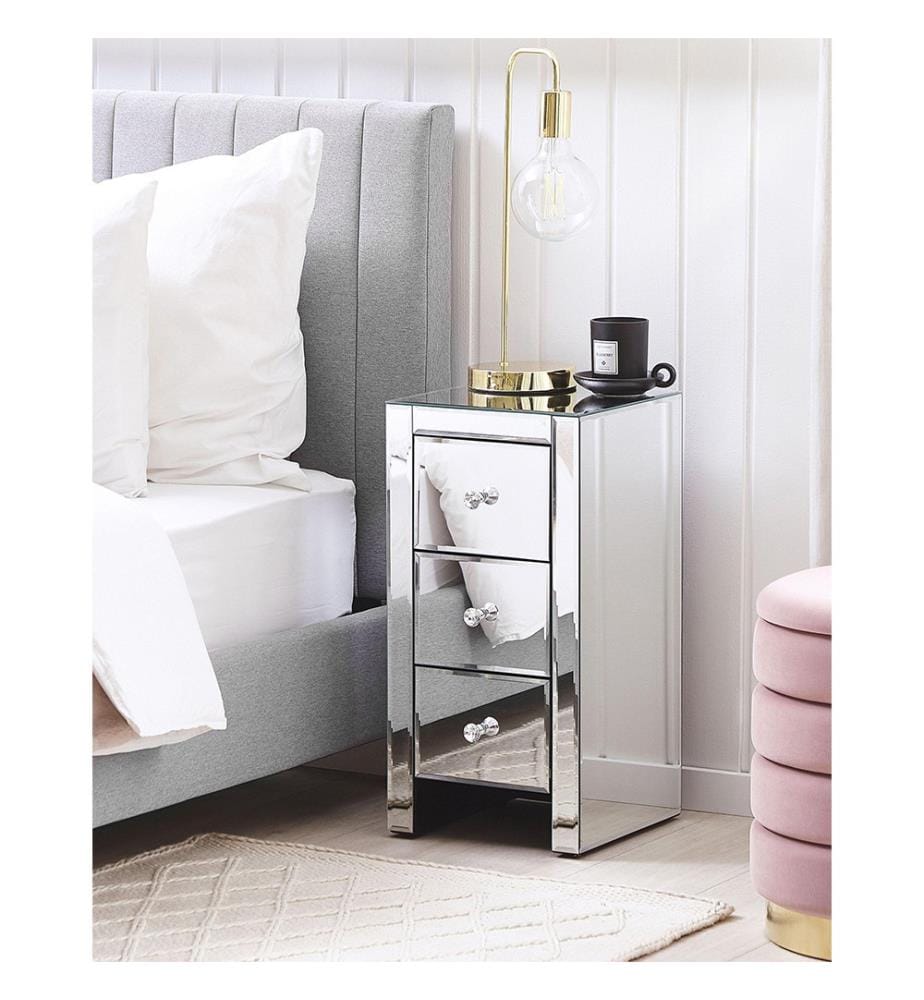 Comodino 3 cassetto LORRIS Vetro Argento specchiato