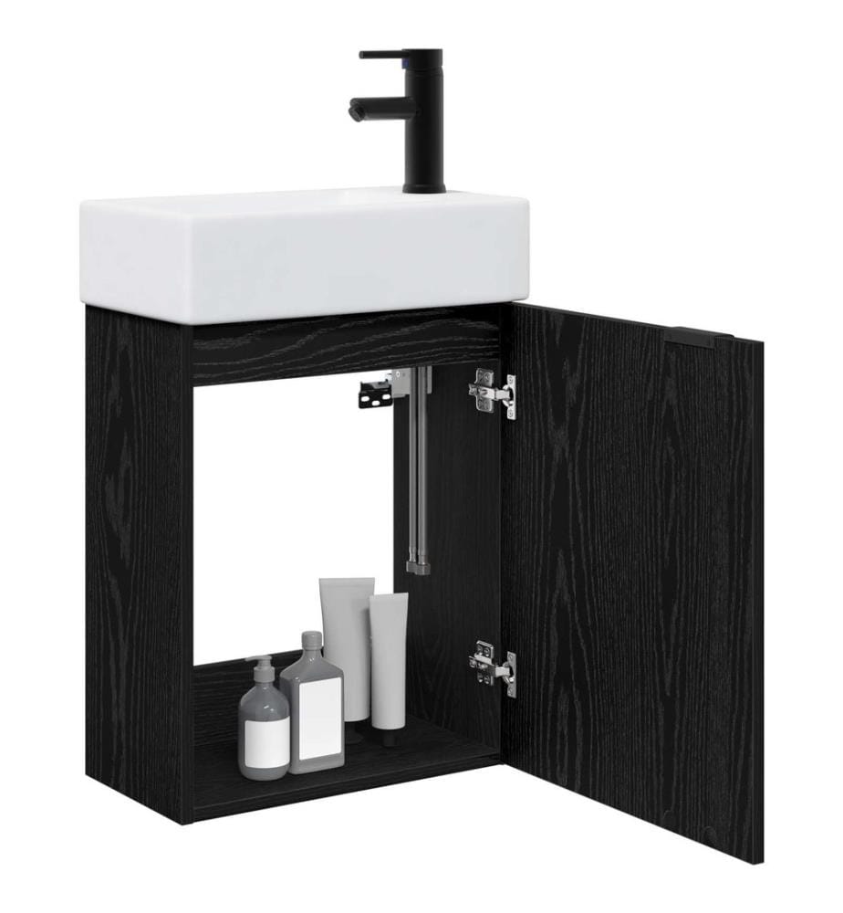 Badezimmer Waschtischunterschrank mit Wasserhahn Schwarze Eiche