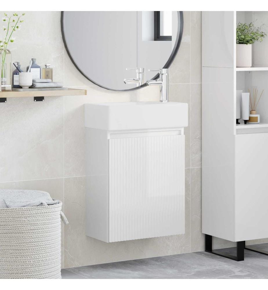 Badezimmer Waschtischunterschrank mit Wasserhahn Hochglanz Weiss