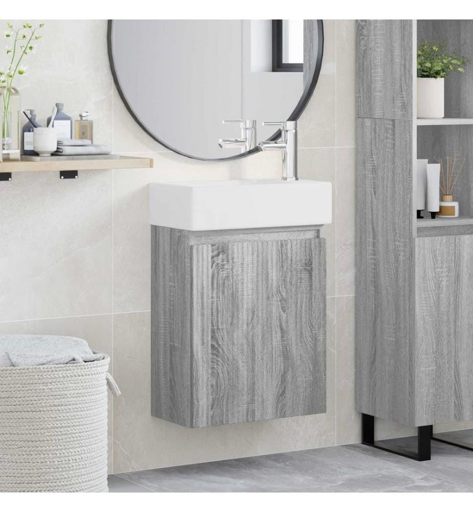 Badezimmer Waschtischunterschrank mit Wasserhahn Grau Sonoma
