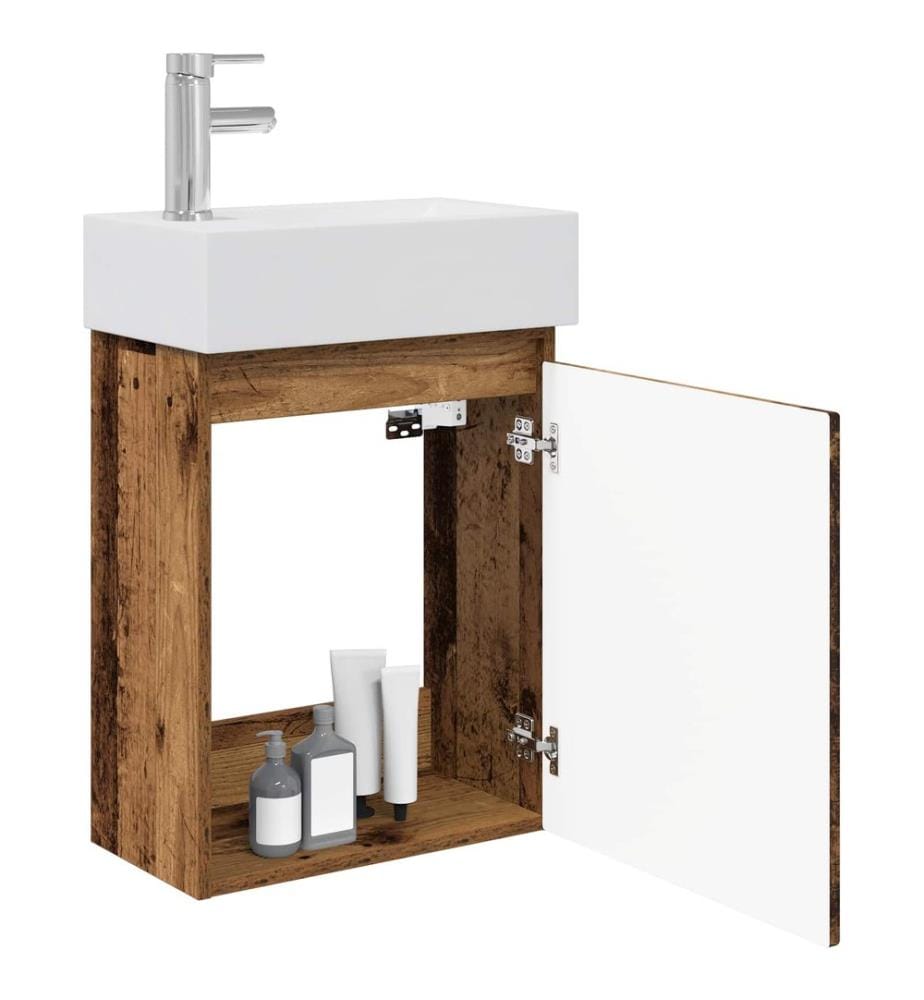 Badezimmer Waschtischunterschrank mit Wasserhahn Altholz