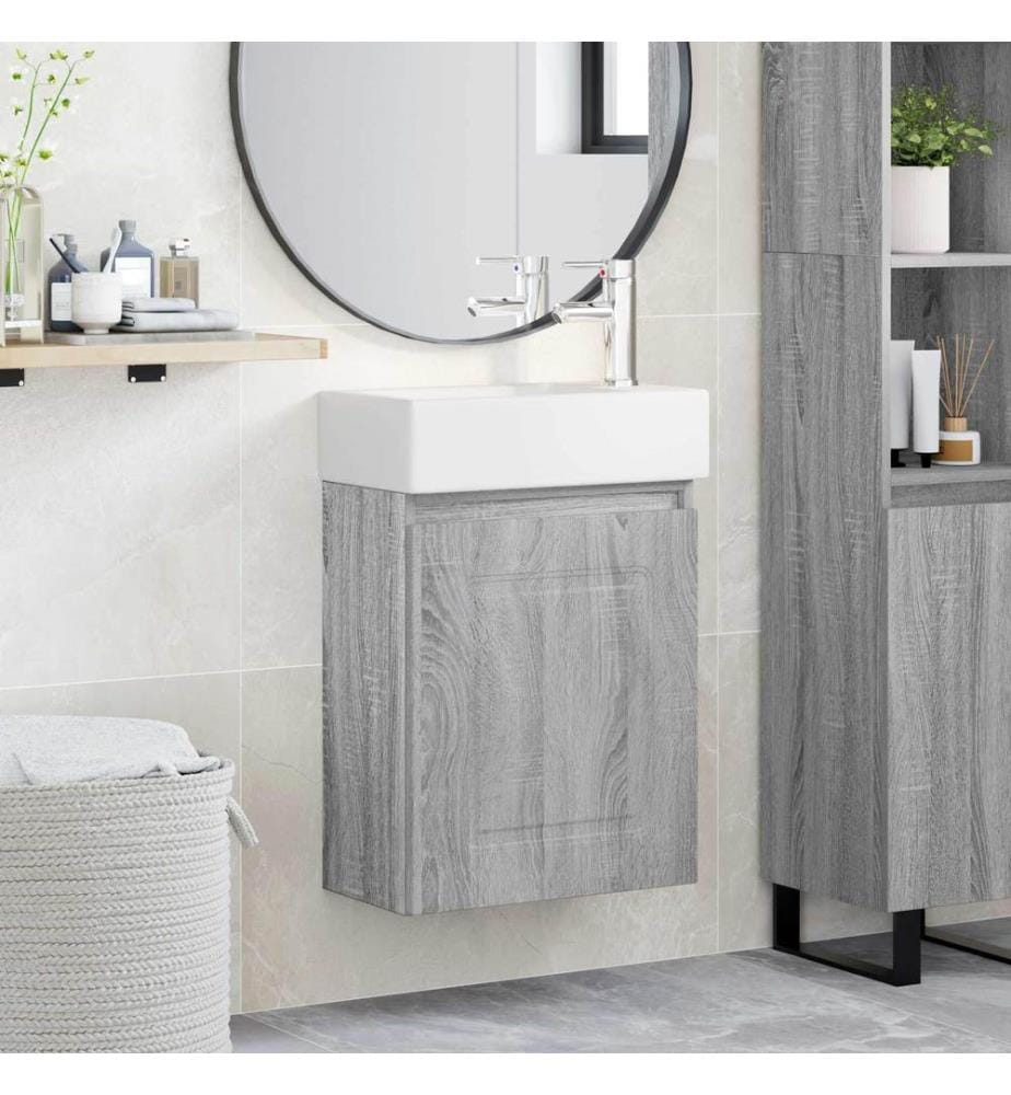 Badezimmer Waschtischunterschrank mit Wasserhahn Grau Sonoma