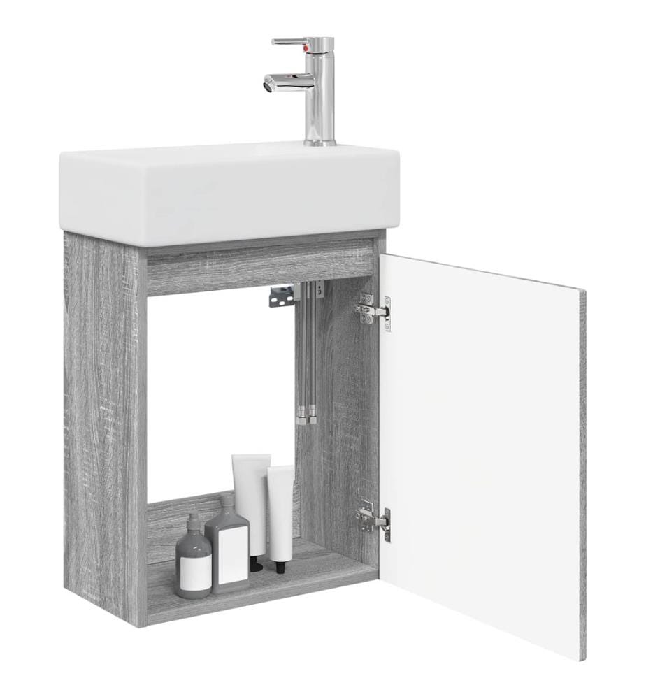 Badezimmer Waschtischunterschrank mit Wasserhahn Grau Sonoma