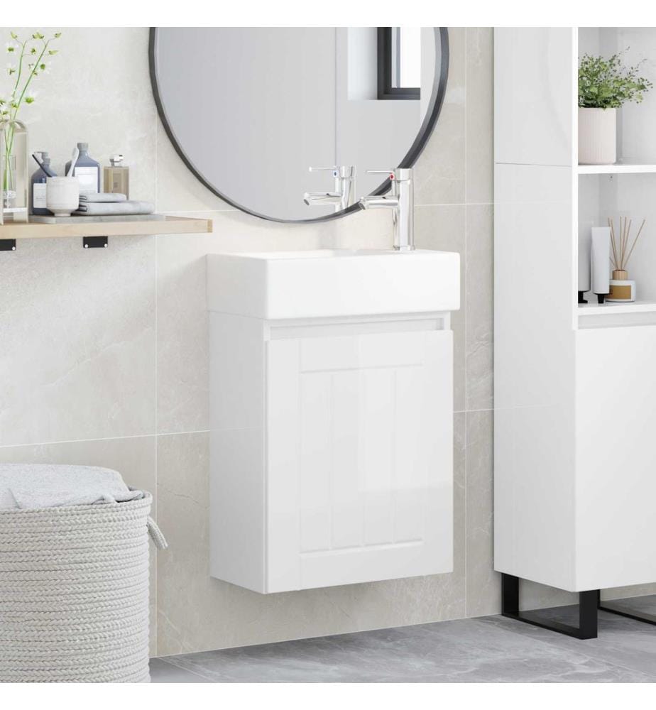 Badezimmer Waschtischunterschrank mit Wasserhahn Hochglanz Weiss