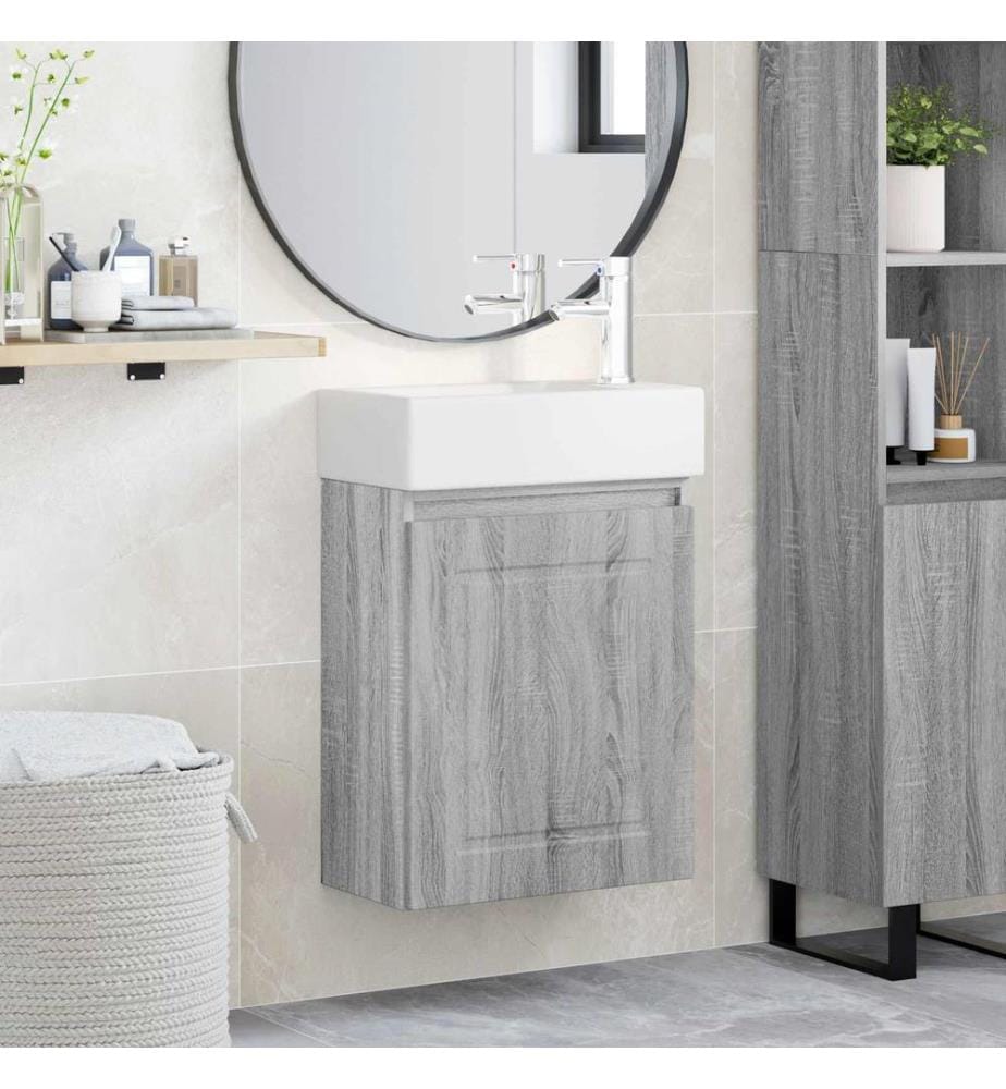 Badezimmer Waschtischunterschrank mit Wasserhahn Grau Sonoma