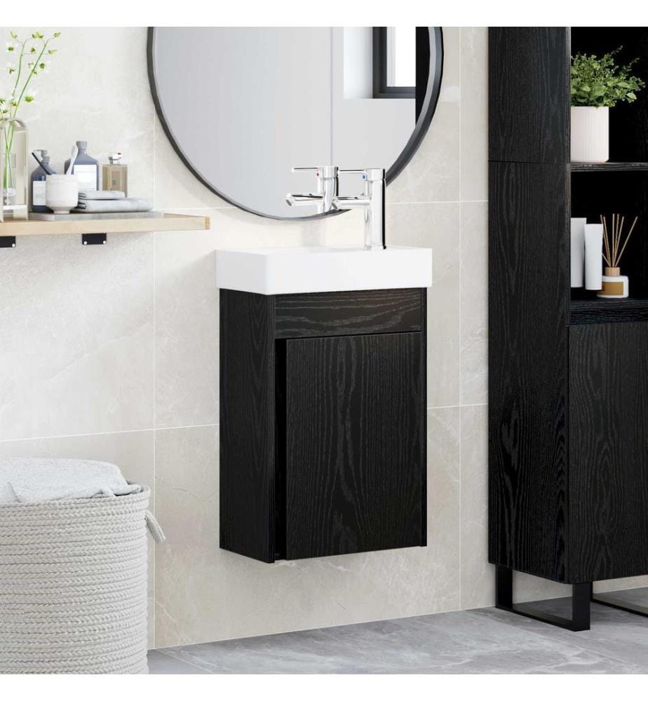 Badezimmer Waschtischunterschrank mit Wasserhahn Schwarze Eiche