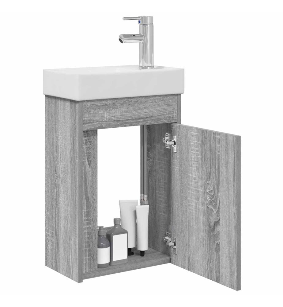 Badezimmer Waschtischunterschrank mit Wasserhahn Grau Sonoma
