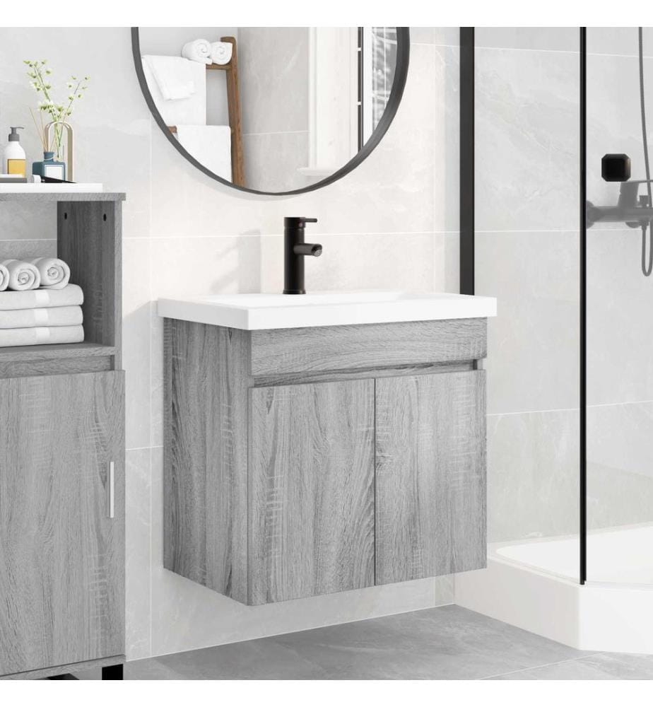 Badezimmer Waschtischunterschrank mit Wasserhahn Grau Sonoma