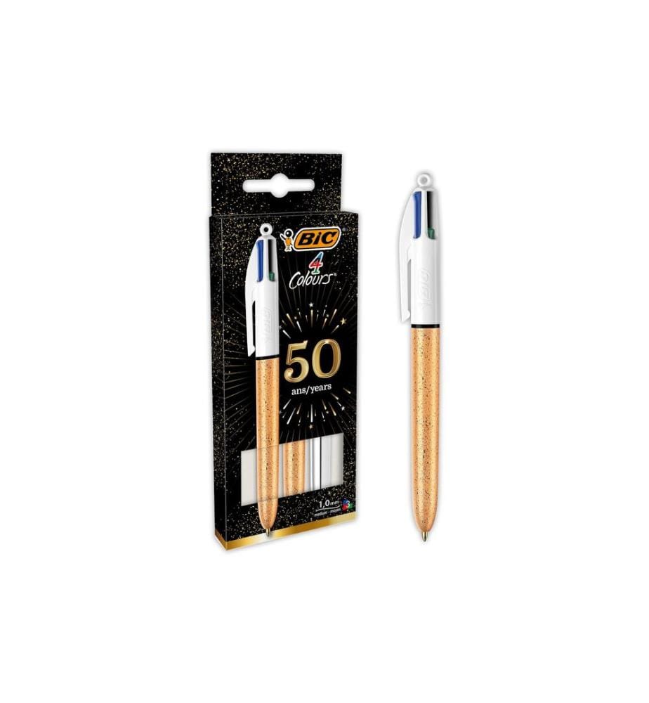 BIC - Stylo bille Fête des 4 couleurs 0,32 mm, 3 pièces, Doré/Argenté