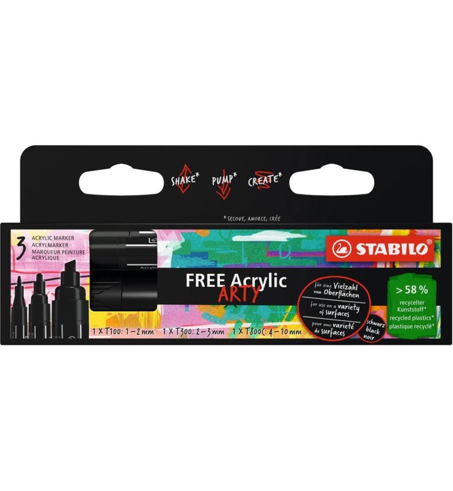 STABILO - Acrylmarker Free Acrylic Mix Schwarz, 3-Etui