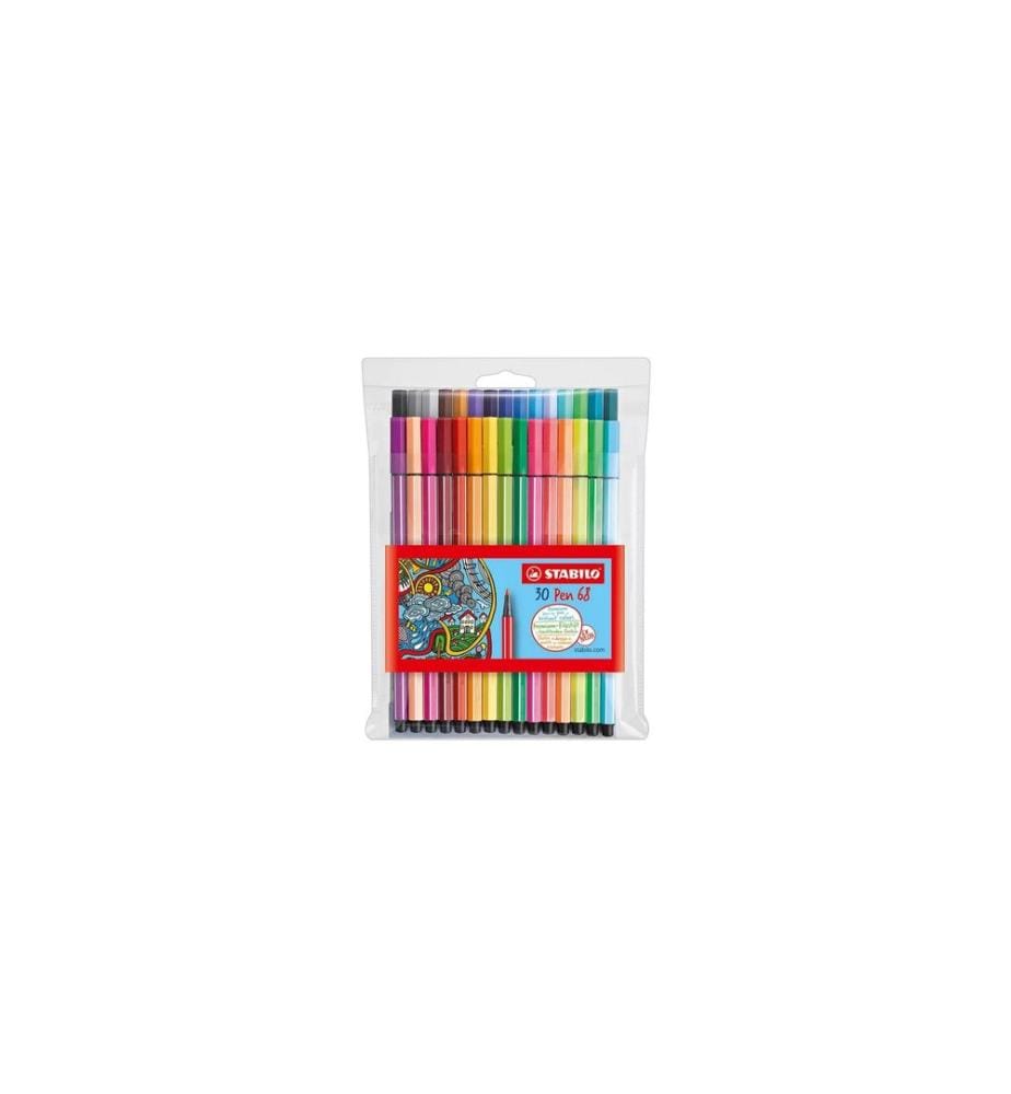 Stylos feutres STABILO Pen 68 Étui de 30 pièces (24 + 6 Néon)