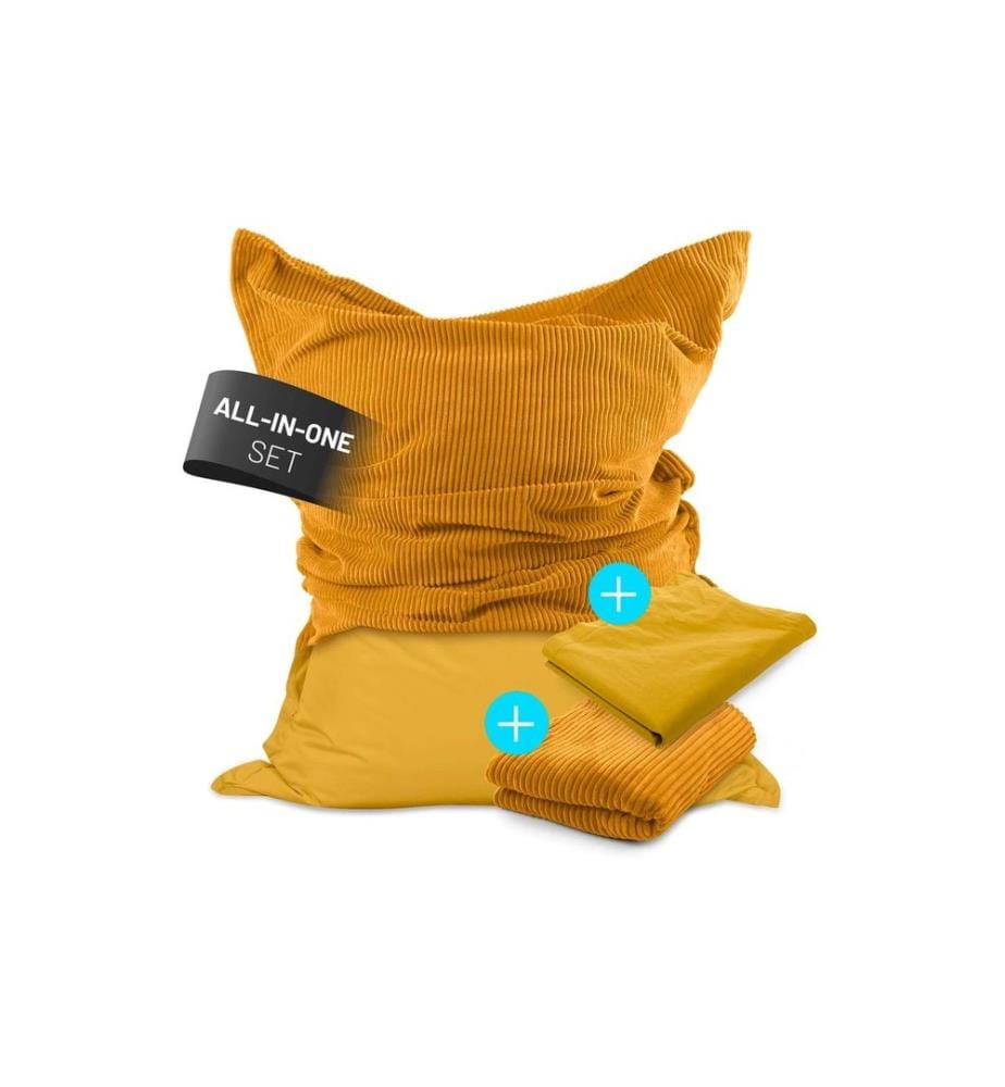 Lumaland - sac pour s'asseoir + housse en velours côtelé Jaune moutarde, 380 l