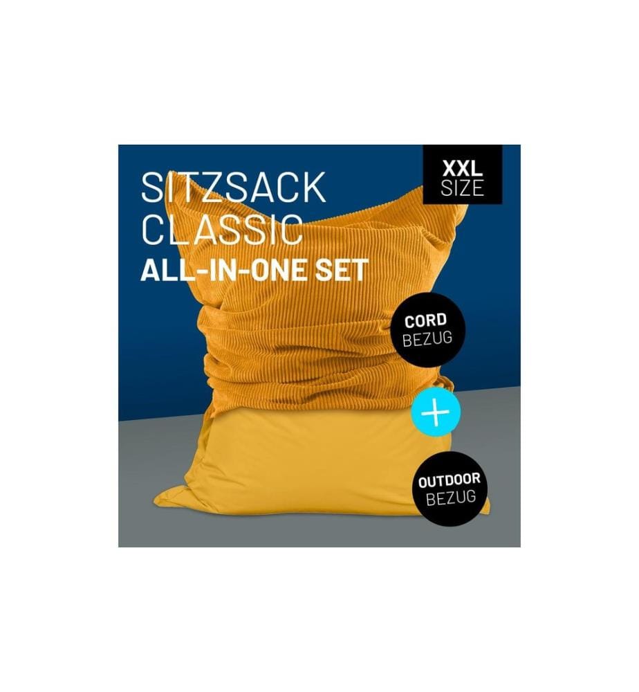 Lumaland - sac pour s'asseoir + housse en velours côtelé Jaune moutarde, 380 l