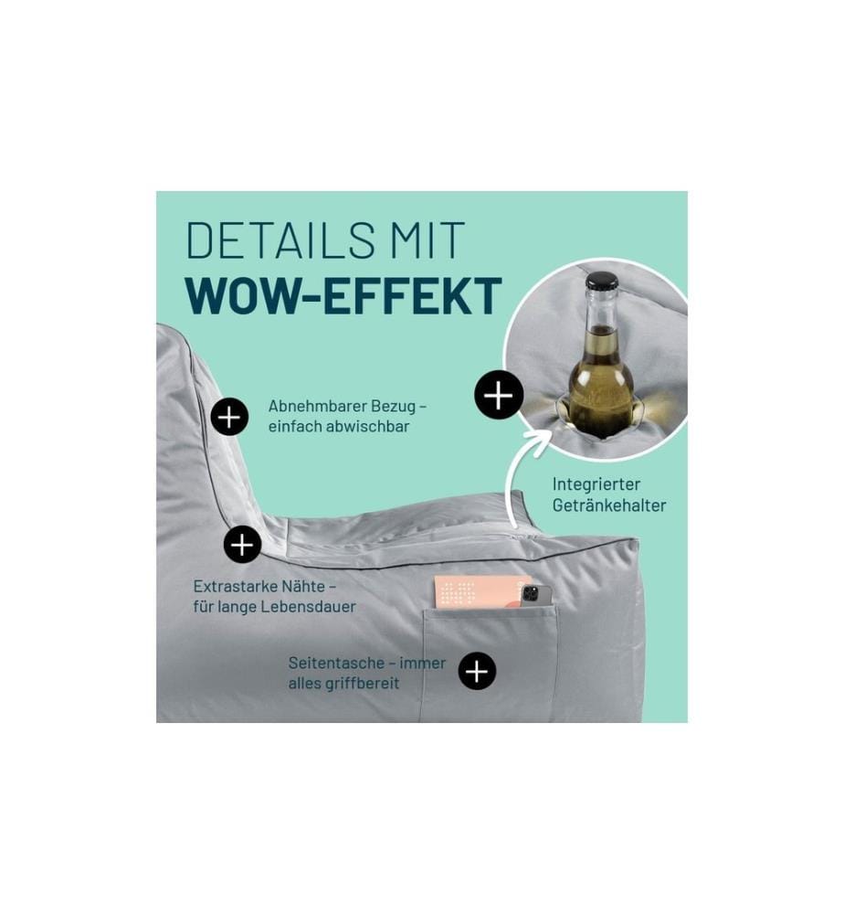 Lumaland - Sitzsack Lounge mit Flaschenhalter Grau, 380 l