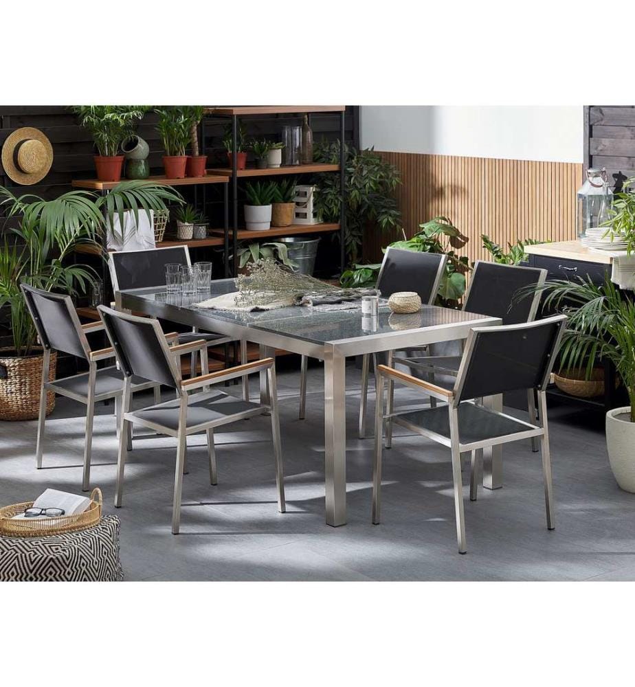 Gartenmöbel Set 6-Sitzer GROSSETO Dreifachplatte Granit Polierter Schwarz / Grau